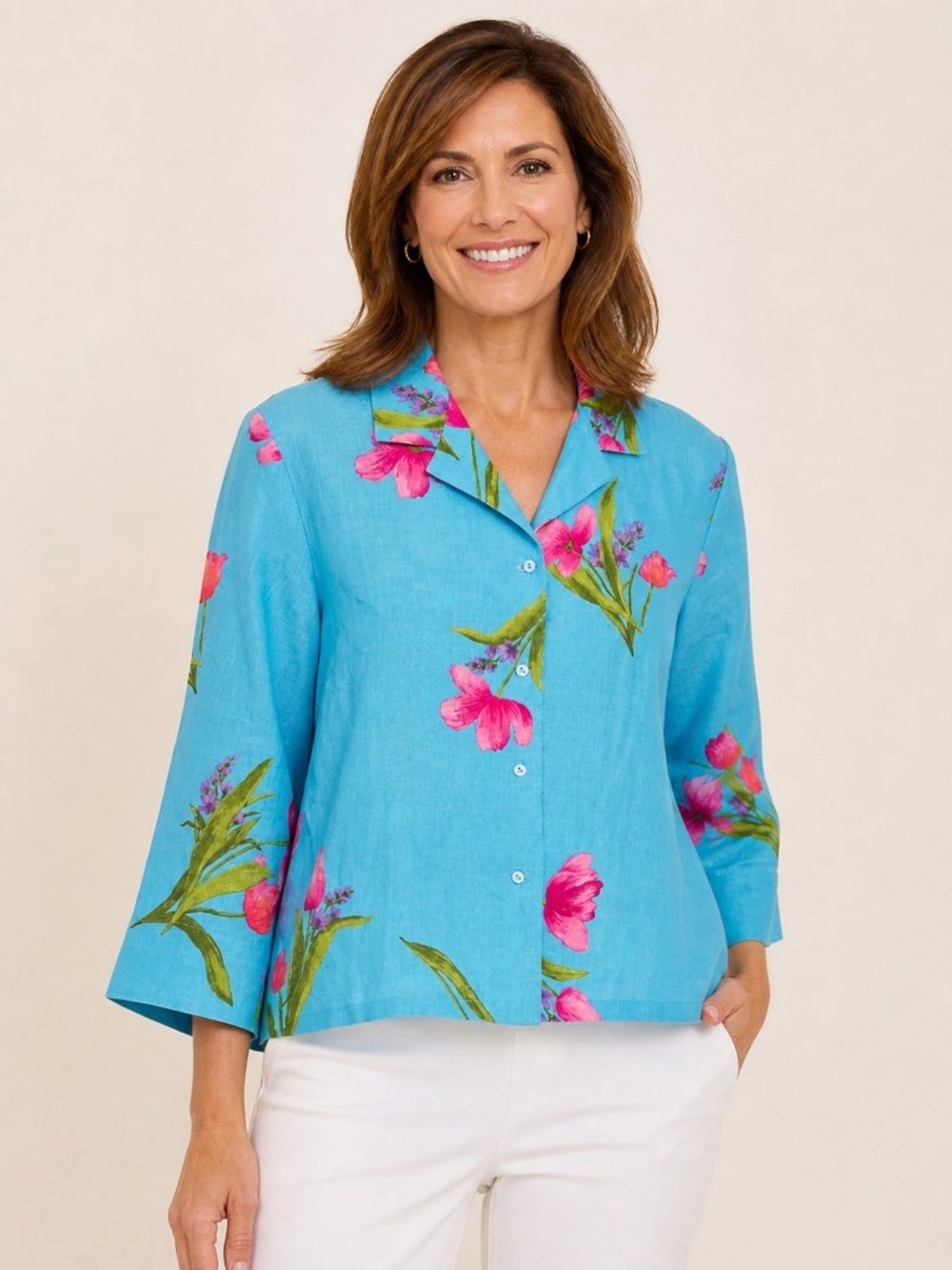 Talbots Blue Linen Floral Button Front Blouse Top Women’s 14